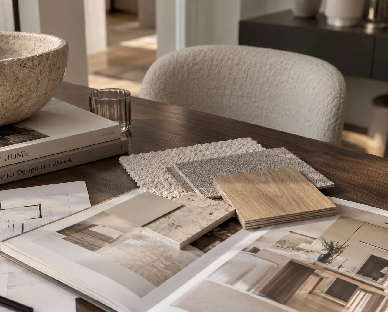 Vzorky materiálů, textilií a designových podkladů na stole při návrhu interiéru