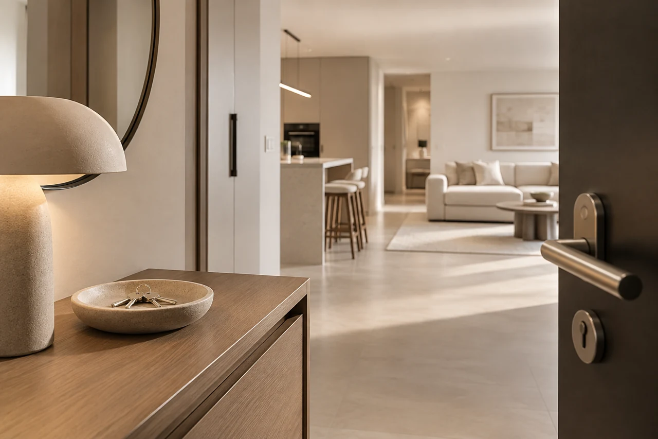 Klíče na konzoli u vchodu do světlého bytu